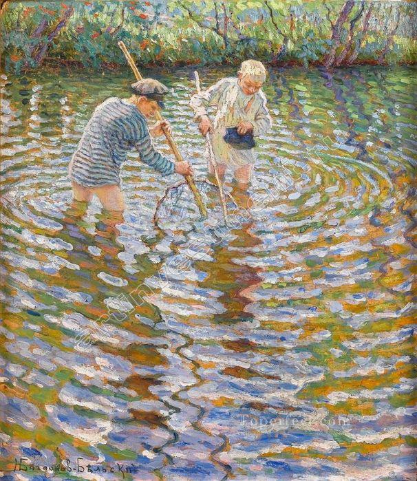 boys catching fish Nikolay Bogdanov Belsky kids child impressionism Oil Paintings